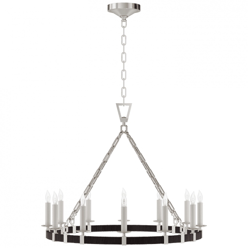 Visual Comfort & Co. Signature Collection Darlana Medium Wrapped Ring Chandelier, 12-Light, Polished Nickel, Black Rattan, 30"W (CHC 5872PN/BRT D01RV) 