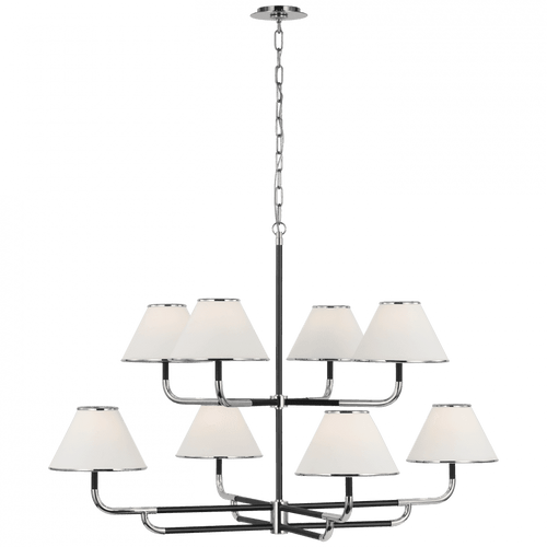 Visual Comfort & Co. Signature Collection Rigby Grande Two-Tier Chandelier, 8-Light, LED, Polished Nickel, Ebony, Linen Shade, 48.75"W (MF 5057PN/EB-L D01RR) 