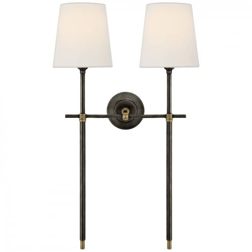Visual Comfort & Co. Signature Collection Bryant Large Double Tail Sconce, 2-Light, Bronze, Hand-Rubbed Antique Brass, Linen Shade, 26"H (TOB 2025BZ/HAB-L D05PZ) 