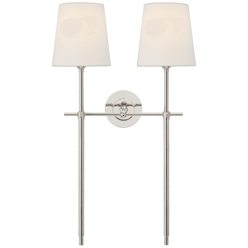Visual Comfort & Co. Signature Collection Bryant Large Double Tail Sconce, 2-Light, Polished Nickel, Linen Shade, 26"H (TOB 2025PN-L D05Q1) 