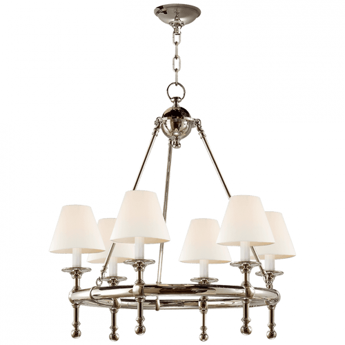 Visual Comfort & Co. Signature Collection Classic Mini Ring Chandelier, 6-Light, Polished Nickel, Linen Shade, 28"W (SL 5814PN-L D07MT) 
