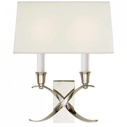 Visual Comfort & Co. Signature Collection Cross Bouillotte Small Sconce, 2-Light, Polished Nickel, Linen Shade, 12.75"H (CHD 1190PN-L D07NT) 