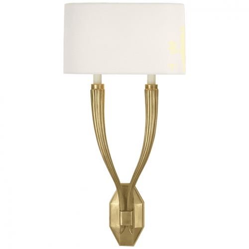 Visual Comfort & Co. Signature Collection Ruhlmann Double Sconce, 2-Light, Antique-Burnished Brass, Linen Shield Shade, 22.5"H (CHD 2461AB-L D07NY) 
