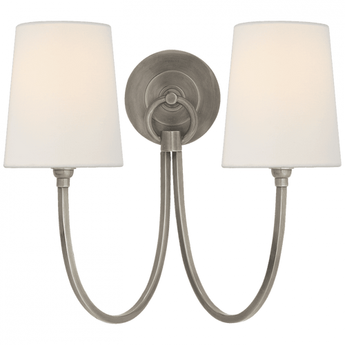 Visual Comfort & Co. Signature Collection Reed Double Sconce, 2-Light, Antique Nickel, Linen Shade, 13"H (TOB 2126AN-L D30HW) 
