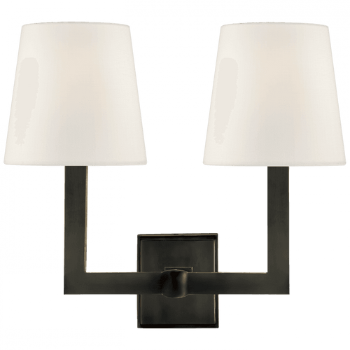 Visual Comfort & Co. Signature Collection Signature Square Tube Double Sconce, 2-Light, Bronze, Linen Shade, 14"H (SL 2820BZ-L D30KF) 
