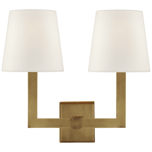 Visual Comfort & Co. Signature Collection Signature Square Tube Double Sconce, 2-Light, Hand-Rubbed Antique Brass, Linen Shade, 14"H (SL 2820HAB-L D30KG) 
