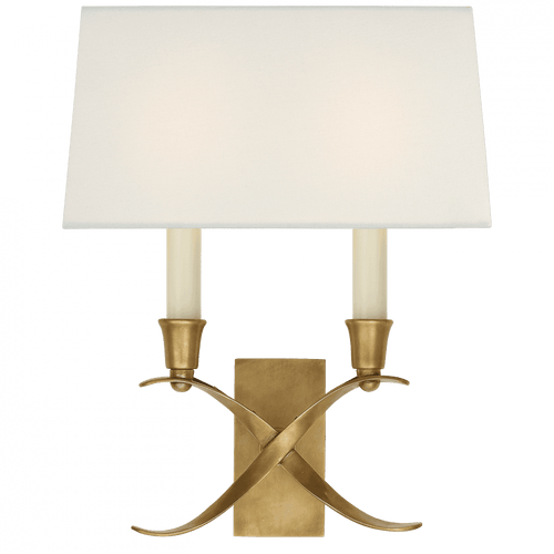 Visual Comfort & Co. Signature Collection Cross Bouillotte Small Sconce, 2-Light, Antique-Burnished Brass, Linen Shade, 12.75"H (CHD 1190AB-L D32F8) 