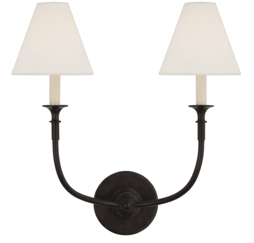 Visual Comfort & Co. Signature Collection Piaf Double Sconce, 2-Light, Aged Iron, Linen Shade, 18.75"H (TOB 2451AI-L CWY6L) 