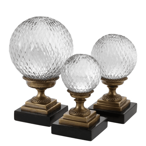 Eichholtz Divani Sculpture, Set of 3, Antique Brass, Clear Glass, Black Granite Base, Small:  2.95"W ; Medium:  3.93"W ; Large:  5.12"W (110081 YV0J041QUF) 