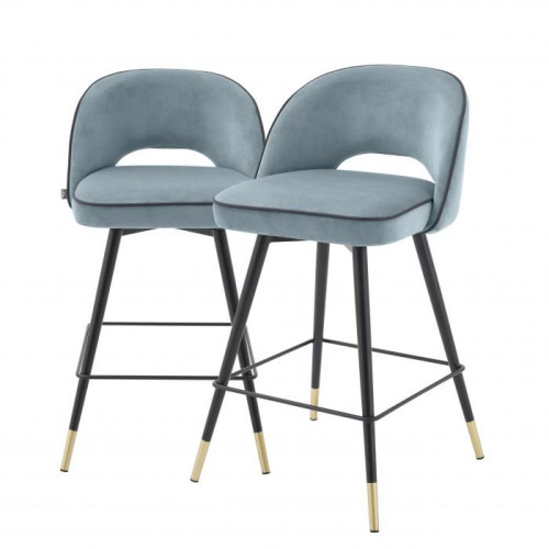 Eichholtz Cliff Counter Stool, Set of 2, Savona Blue Velvet, Black Piping, Black & Brass Legs, 36.42"H (A114323 YV0J03YW1C) 