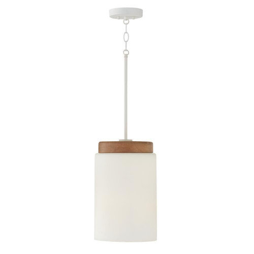 Capital 1-Light Cylindrical Pendant in White with Mango Wood and Soft White Glass 