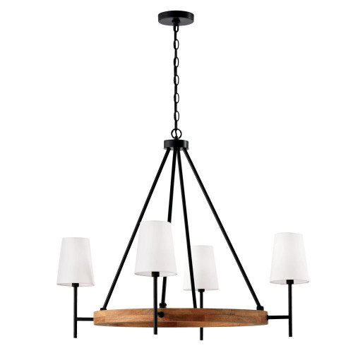 Capital 4-Light Chandelier in Matte Black and Mango Wood with Removable White Fabric Shades 