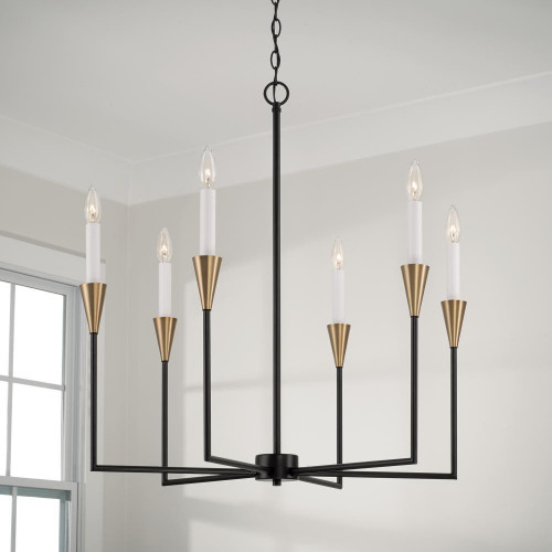 Capital 6-Light Chandelier in Black and Aged Brass with Interchangeable White or Aged Brass Candle Sleeves 