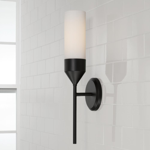 Capital 1-Light Cylindrical Sconce in Matte Black with Soft White Glass 