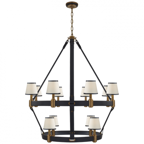 Ralph Lauren Riley Large Two Tier Chandelier - Natural Brass and Navy Leather 