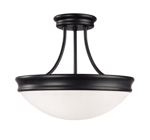 Hansen Semi-Flush Mount, 3-Light, Matte Black, White Glass, 14"W