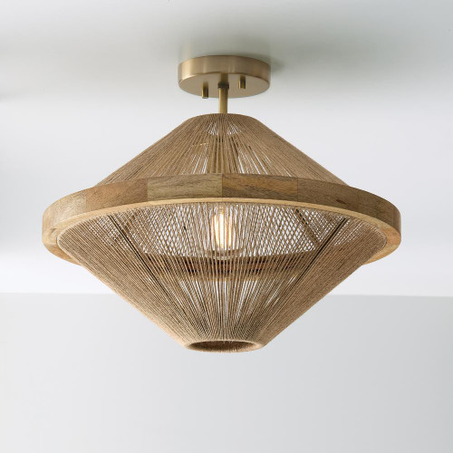 Capital 1-Light Dual Mount Pendant in Matte Brass with Mango Wood and Handwrapped Natural Jute Rope String 