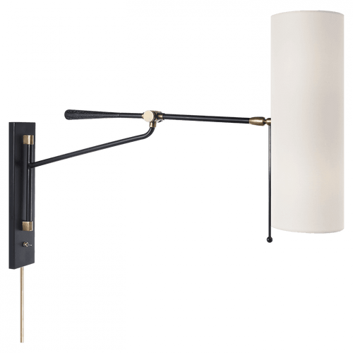 Visual Comfort & Co. Signature Collection Frankfort Wall Sconce, 2-Light, Articulating, Black, Brass, Linen Shade, 22.5"H (ARN 2002BLK-L 2K2QZ) 