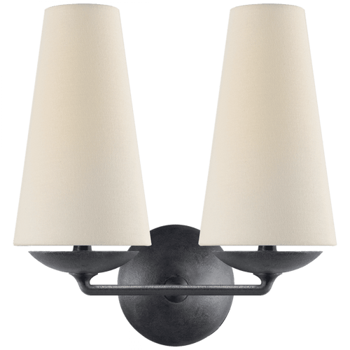 Visual Comfort & Co. Signature Collection Fontaine Double Wall Sconce, 2-Light, Aged Iron, Linen Shade, 14.25"H (ARN 2202AI-L 2V1VY) 