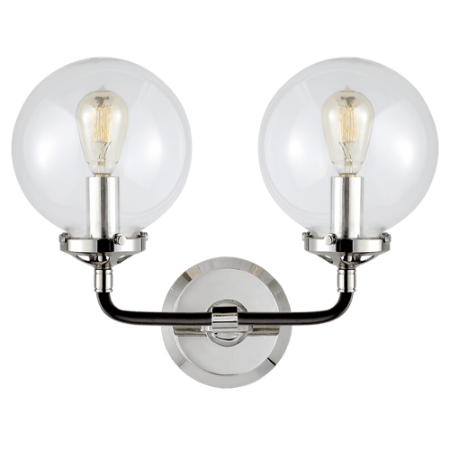 Visual Comfort & Co. Signature Collection Bistro Bath Vanity, 2-Light, Curved, Polished Nickel, Black, Clear Glass, 14"W (S 2026PN/BLK-CG 2R33L) 