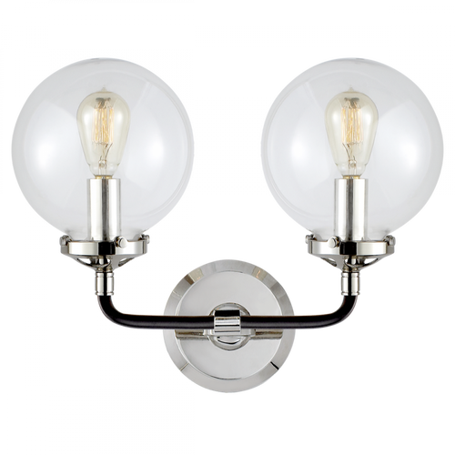 Bistro Bath Vanity, 2-Light, Curved, Polished Nickel, Black, Clear Glass, 14"W (S 2026PN/BLK-CG 2R33L)