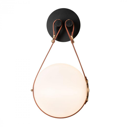 Hubbardton Forge Derby Wall Sconce, 1-Light, LED, Black, Polished Nickel, Leather Chestnut, Plain Disc, Opal Glass, 20.75"H (201030-LED-10-24-LC-NL-GG0672 5DGU37) 