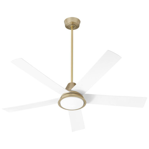 Oxygen Temple Ceiling Fan, 5-Blade, 1-Light, LED, Aged Brass, White Blades, Matte White Shade, 56"W (3-115-640 42R11) 