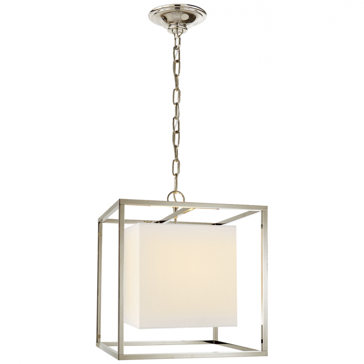 Caged Small Lantern, 1-Light, Polished Nickel, Cube Linen Shade, 16"H (SC 5159PN-L D06QP)