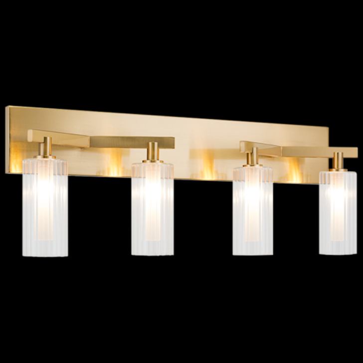 Kristof Bath Vanity Light, 4-Light, LED, Aged Gold Brass, Clear Ribber Glass, 27.5"W (W60804AG 3060NNH)