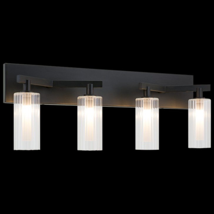 Kristof Bath Vanity Light, 4-Light, LED, Black, Clear Ribber Glass, 27.5"W (W60804BK 3060NNJ)