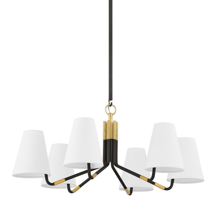 Stanwyck Chandelier, 6-Light, Aged Brass/Distressed Bronze, White Linen Shade, 31.5"W (6632-AGB/DB ACJXF)