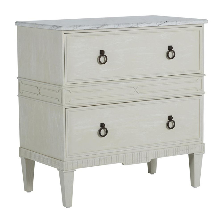 Archie Nightstand, Cerused White, White Marble Top, Antique Bronze Handles, 32"W (SCH-169275 YUU6003Q8R)