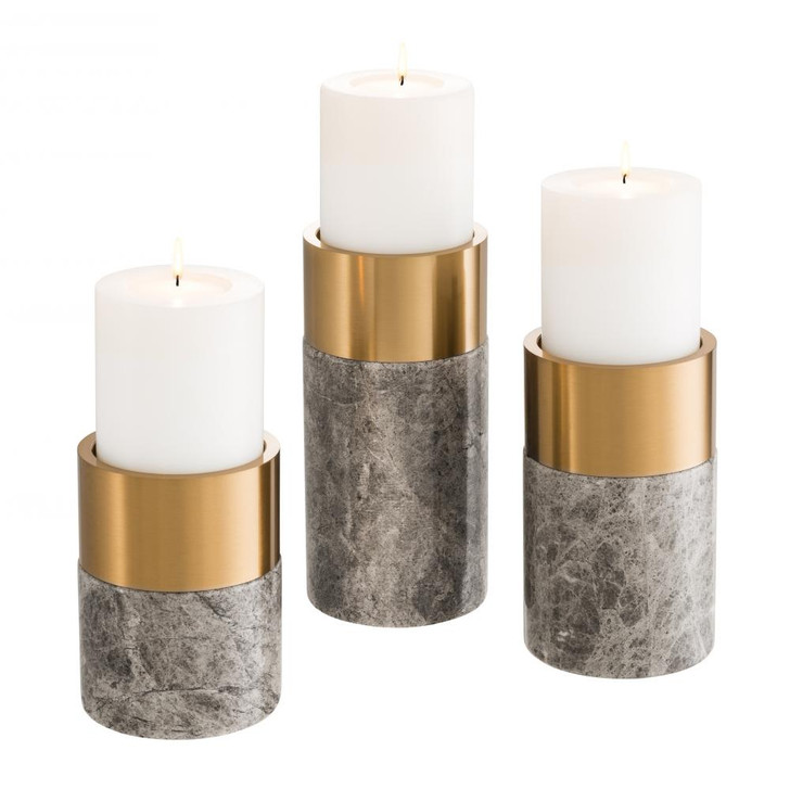 Sierra Candle Holder, Set of 3, Gray Marble, Brushed Brass, 4.72"W (113286 YV0J03YR54)
