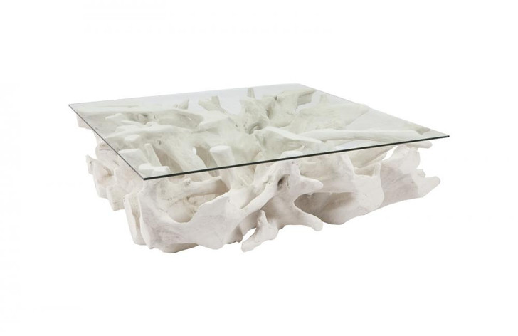 Cast Root Stone Coffee Table, Clear Glass Top, Off-White, 60"W (PH87195 YV0J07T525)