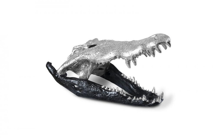 Crocodile Skull Sculpture, Black, Silver Leaf, 17"H (PH67577 YV0J07T62D)