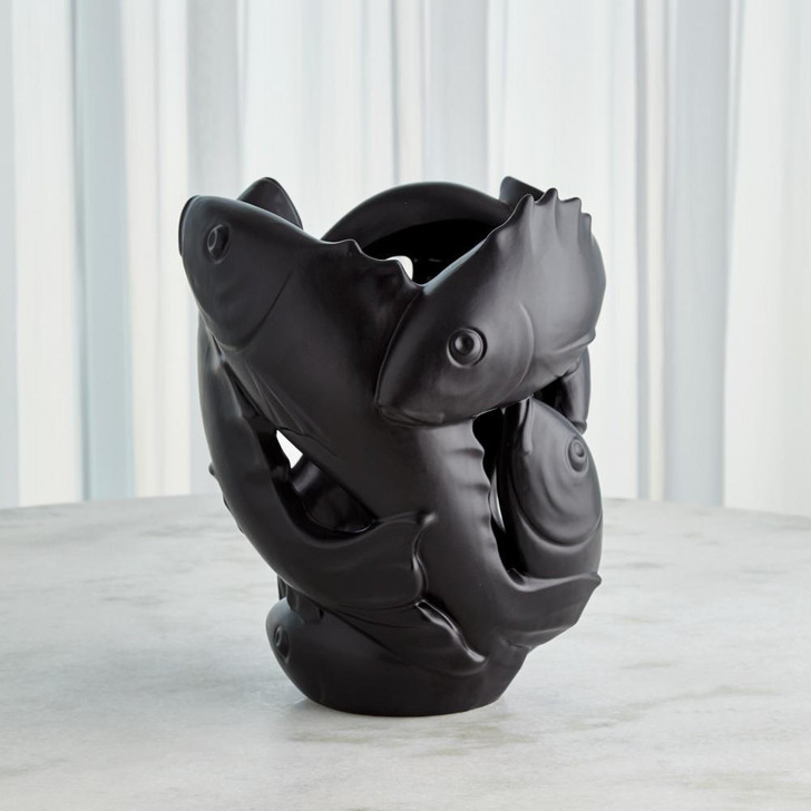 Global Views Circulating Fish Matte Black Vase 