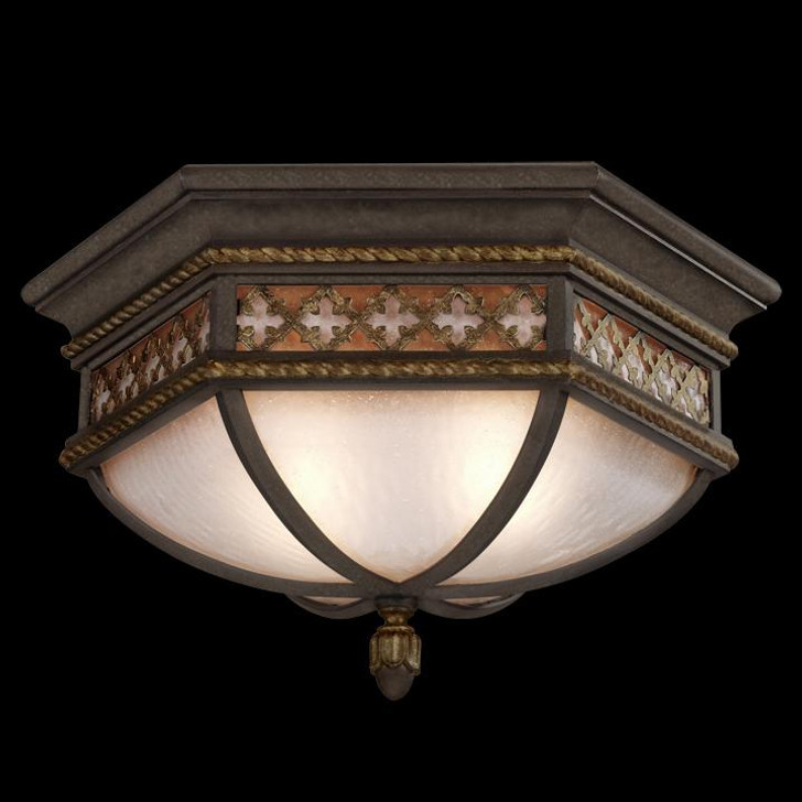 Chateau Outdoor Flush Mount, Antiqued Glass, 2-Light, Variegated Rich Umber Patina, Gold Accent, 21"W (403082ST 68T1)