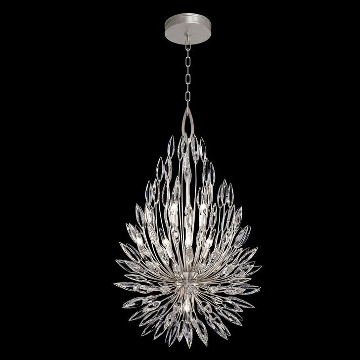 Lily Buds Pendant, Round, 7-Light, Silver Leaf, Faceted Crystal Lily Buds, 24"W (883840ST KCEE)