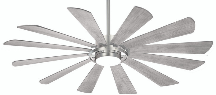 Windmolen Ceiling Fan, 12-Blade, 1-Light, LED, Brushed Steel, Grey Ashwood Blades, 65"W (F870L-BS HK06)