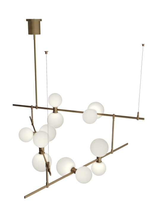 ModernRail Chandelier, 12-Light, 3-Tier, LED, Aged Brass, Frosted Glass, 48"W (700MDCHGRR 70DR3L6)