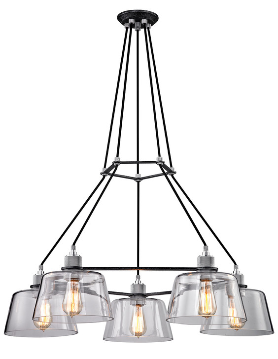 Audiophile Chandelier, 5-Light, Old Silver And Polished Aluminum, Clear Glass Shade, 35.5"W (F6155 MED7)