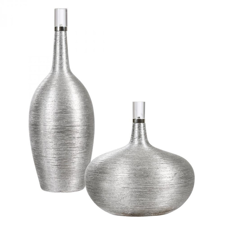 Gatsby Silver Ribbed Bottles, 2/Set, Silver Leaf, Brushed Nickel, 6"H (17883 A69RP)