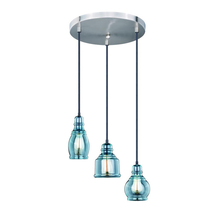 Mille Assorted Mini Pendant, 3-Light, Satin Nickel, Oil Rubbed Bronze, Smoke Blue Glass Shade, 17.5"W (P0250 FAXR)