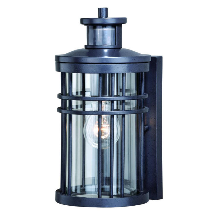 Wrightwood Outdoor Motion Sensor Wall Light, 1-Light, Dusk-to-Dawn, Vintage Black, Clear Glass Shade, 12"H (T0366 FAYE)