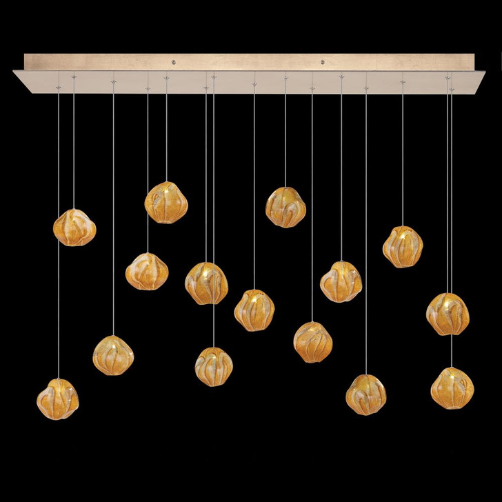 Vesta Pendant, Rectangular, 15-Light, LED, Amber Glass, Gold Leaf Canopy, 48"W (868240-22LD NLZT)