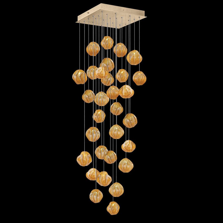 Vesta Pendant, Square, 30-Light, LED, Amber Glass, Gold Leaf Canopy, 30"W (867640-22LD NLZN)