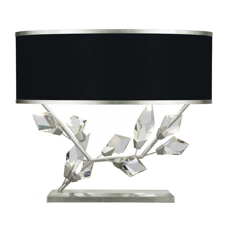 Foret Table Lamp, 2-Light, Silver, Faceted Crystal Leaves, Black with Silver Trim Fabric Shade, 21.5"H (908510-11ST NG13)