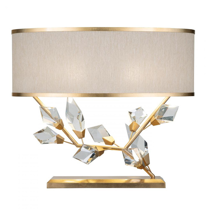 Foret Table Lamp, 2-Light, Gold, Faceted Crystal Leaves, Champagne with Gold Trim Fabric Shade, 21.5"H (908610-2ST NG1A)