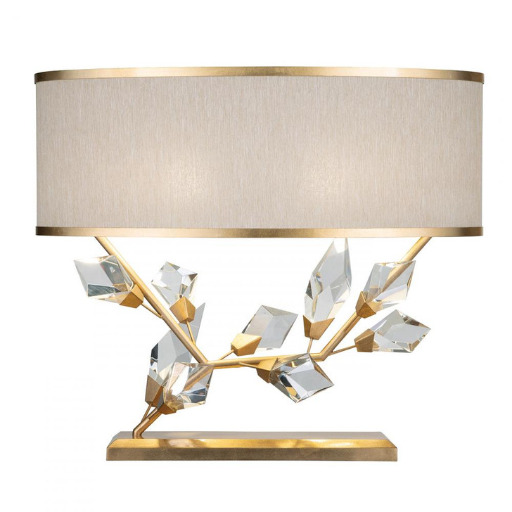 Foret Table Lamp, 2-Light, Gold, Faceted Crystal Leaves, Champagne with Gold Trim Fabric Shade, 21.5"H (908510-2ST NG16)