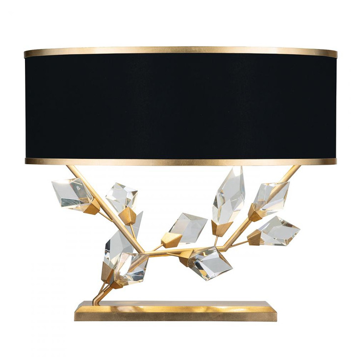 Foret Table Lamp, 2-Light, Gold, Faceted Crystal Leaves, Black with Gold Trim Fabric Shade, 21.5"H (908510-21ST NG15)